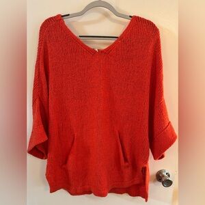 Free People Boho oversize Red Orange V-Neck Sweater Kangaroo pocket size s